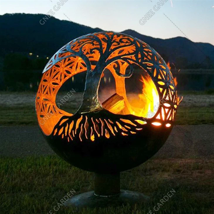 Fire Sphere Tree Of Life Outdoor Spherical Garden Decorate Corten Steel Fire Pit Sphere